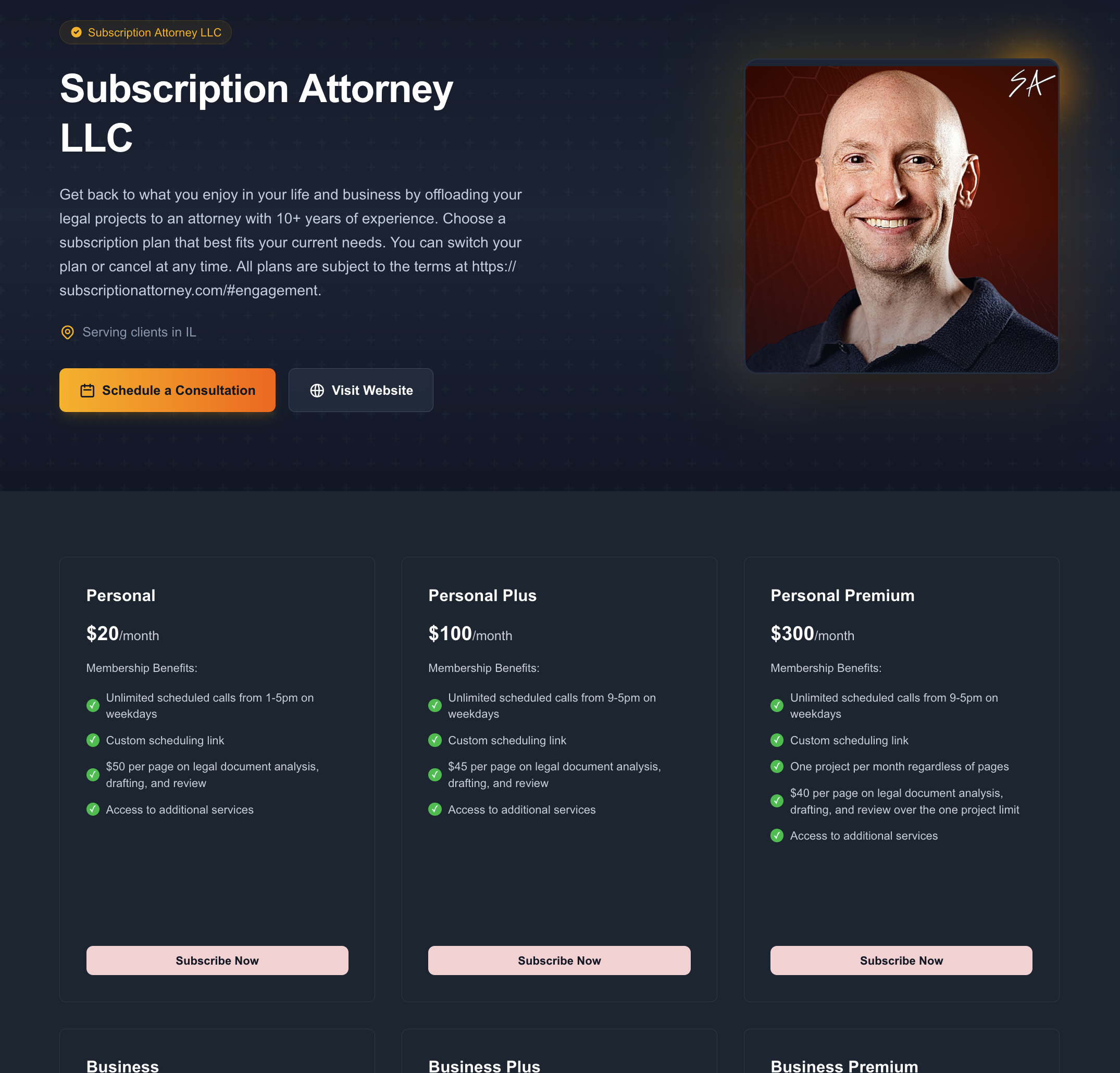 Example attorney subscription page on Practi